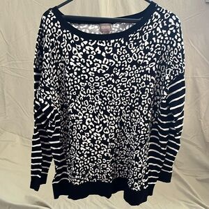 Chico’s black & white sweater, snow leopard print and stripes